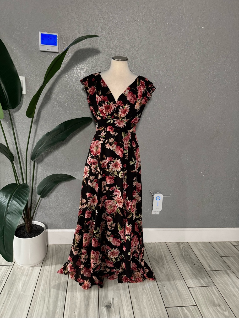 Petal & Pup brown Maxi Dress with Pink Floral Print